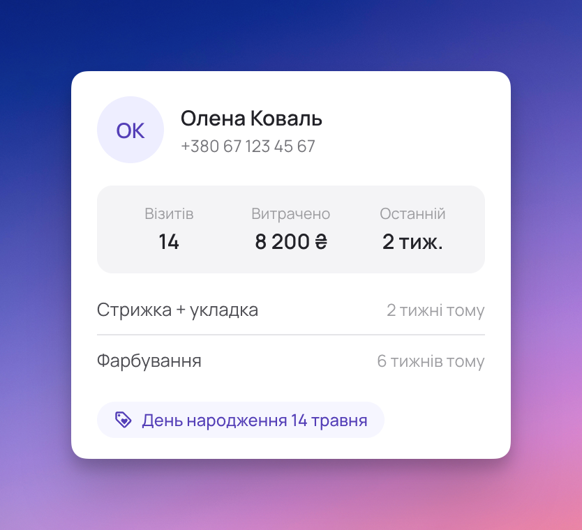 Картка клієнта Chairly з історією візитів і статистикою